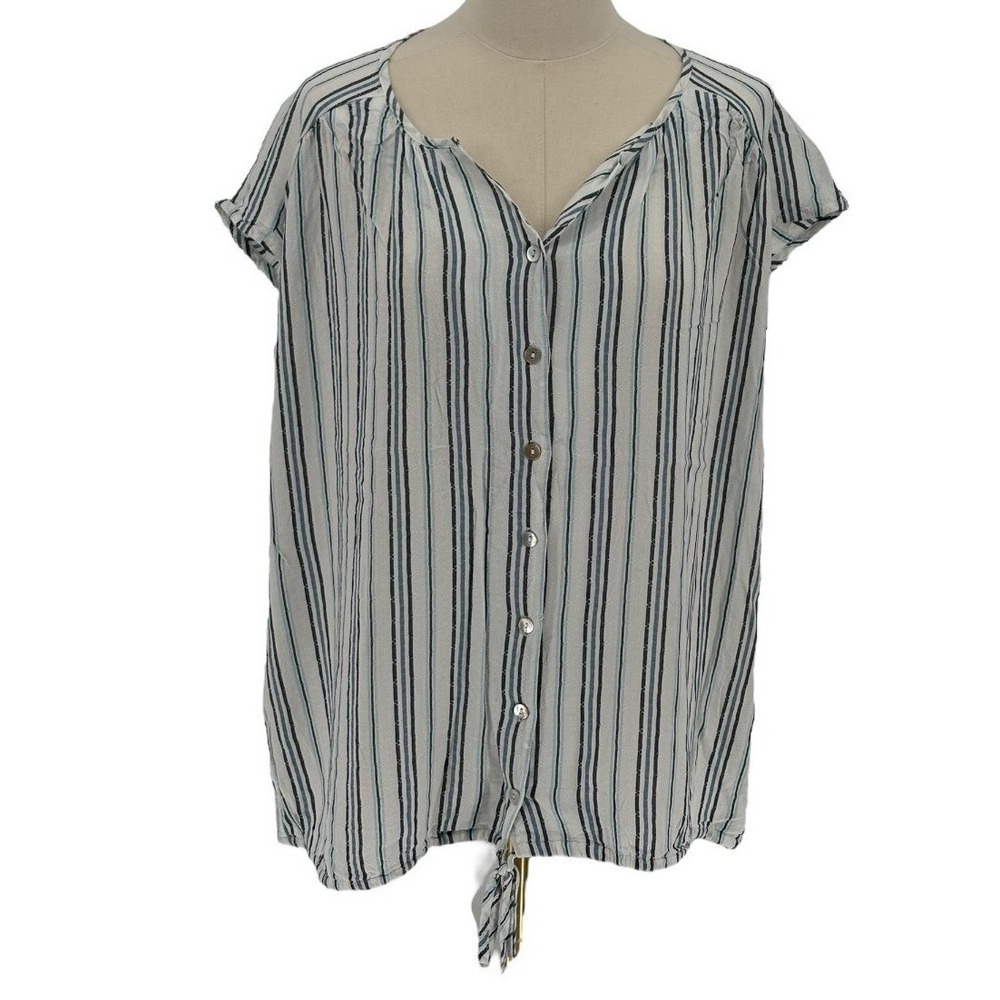 Christopher‎ & Banks 100% Rayon White Button Up Shirt w/ Blue Stripes (Size XL)